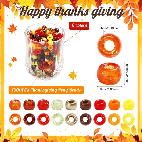 Vista 2 de 1000 piezas de cuentas de pony a granel, kit de 5 estilos de cuentas de pelo marrón para hacer trenzas y pulseras, decoración artesanal de otoño