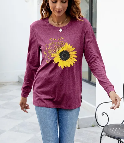 Vista 2 de Camiseta de otoño con estampado de girasol para mujer, diseño casual, holgada, manga larga, cuello redondo, túnica