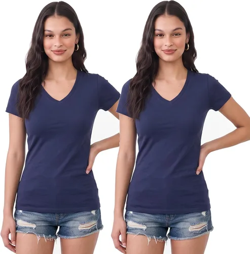 Vista 110 de Emmalise Camiseta de manga corta para mujer, cuello en V, tallas junior y plus