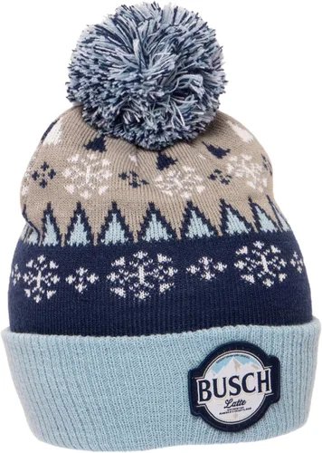 Vista 3 de Busch Gorro de punto con pompón con diseño de copos de nieve con cerveza latte, Azul