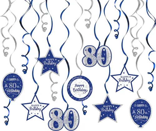 Vista 68 de Decoración de fiesta de serpentinas con purpurina azul y plateada de feliz 11º cumpleaños, 15 piezas de remolinos colgantes de 11 cumpleaños, cartel