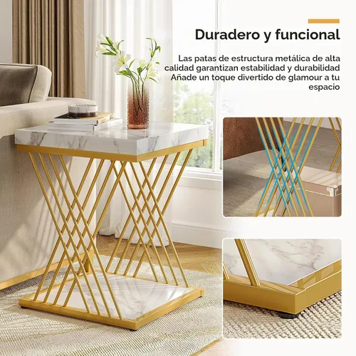 Vista 5 de Tribesigns Mesa auxiliar cuadrada de oro blanco de 2 niveles, mesas de noche pequeñas modernas con almacenamiento para sofá, mesas auxiliares