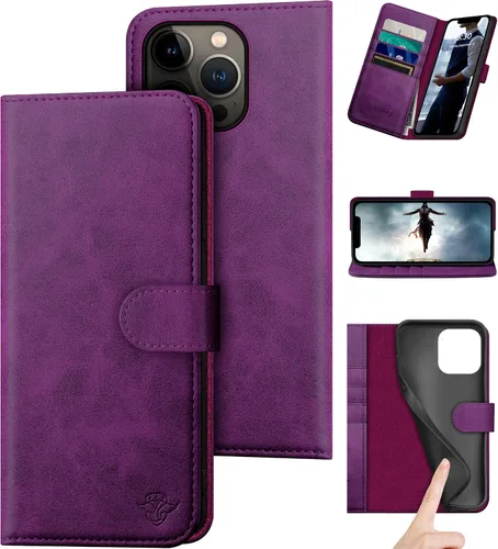 Vista 11 de DuckSky Funda tipo cartera de piel auténtica para iPhone 14 Pro Max de 6.7 pulgadas. Bloqueo RFID. 4 tarjeteros de crédito. 【Cuero auténtico】 Funda