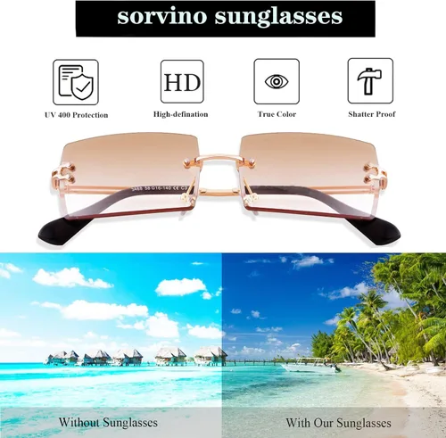 Vista 6 de SORVINO Lentes de sol rectangulares sin montura para mujeres y hombres, a la moda, color rosa transparente, lentes tintados azules sin marco