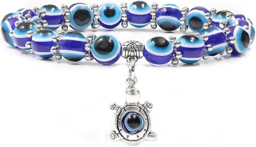 Vista 3 de Soyzvteo Pulsera de cuentas contra el mal de ojo azul Hamsa con cuentas de Hamsa, pulsera elástica de mano de Fátima turca de la suerte contra