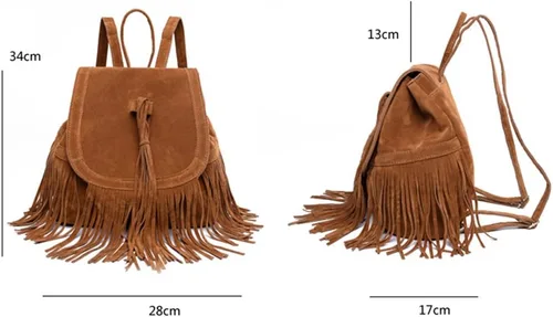 Vista 6 de Mochila para mujer, bolso de hombro con flecos y borlas, de piel sintética, bolso de viaje de moda