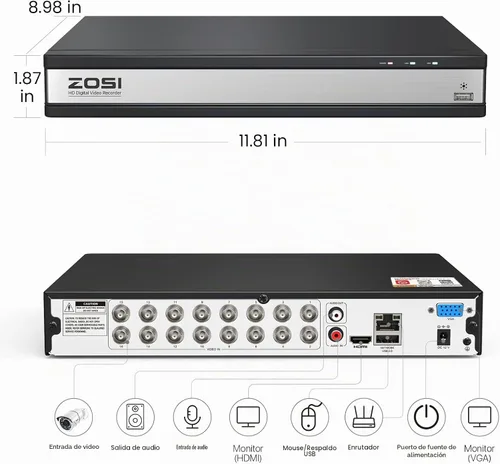 Vista 9 de ZOSI H.265+ 16CH 1080P 4-en-1 híbrido AHD/TVI/CVI/CVBS seguridad DVR, sin