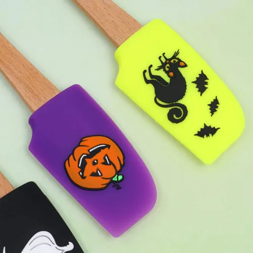 Vista 7 de Hemoton 4 piezas de espátula de silicona con mango de madera de Halloween, utensilios de cocina para hornear para panadería casera