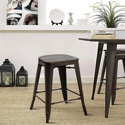 Vista 8 de COSTWAY Taburetes de comedor con asiento y respaldo de madera, taburete de metal industrial de altura de mostrador, sillas modernas apilables