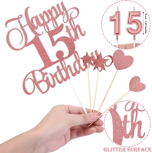 Vista 2 de El juego de decoraciones para tartas de cumpleaños de 15 años incluye velas digitales 1 y 5 números 15 velas para tartas y adornos de feliz Serie