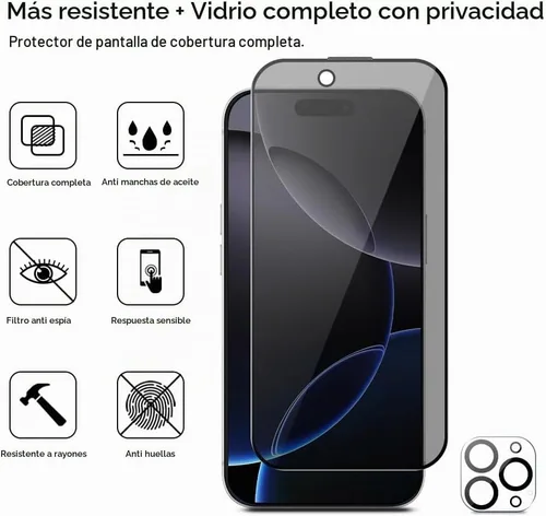 Vista 8 de Paquete de 3 protectores de pantalla de privacidad para iPhone 16 Pro + 2 fundas para lentes