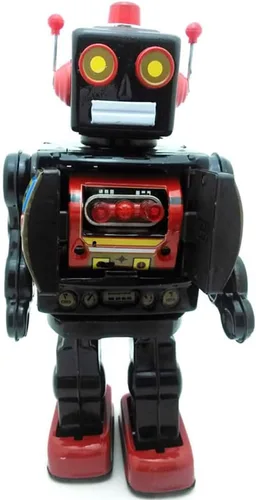 Vista 5 de Charmgle Juguetes de lata retro robot para caminar, robot de escritorio eléctrico giratorio con sonido de pistola de fuego, colección para adultos