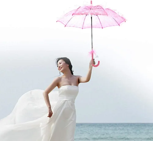 Vista 3 de Fdit Sombrilla de algodón con encaje nupcial para bodas, fiestas, bailar, fotografía, accesorio (rosa)