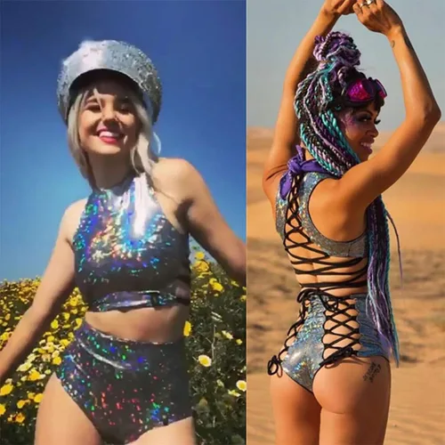 Vista 5 de RARITYUS Women Rave Holographic Bodysuit Mini Two Piece Hologram Metallic Silver for Dance Party Clubwear EDM Festival
