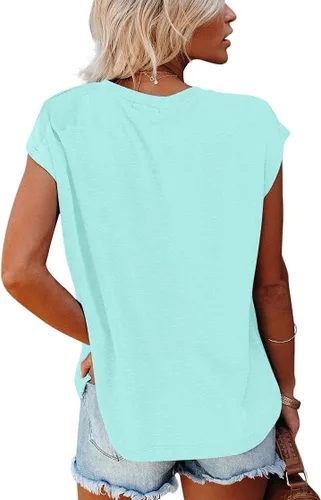 Vista 4 de SAMPEEL Womens Summer Shirts Crew Neck Basic Cap Sleeve T Shirts Side Slit Tops