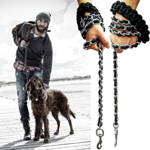 Vista 6 de Correa de metal para perro, correa de cadena con collar para mascotas, correas de entrenamiento para caminar, resistente, antimordeduras, gancho 360