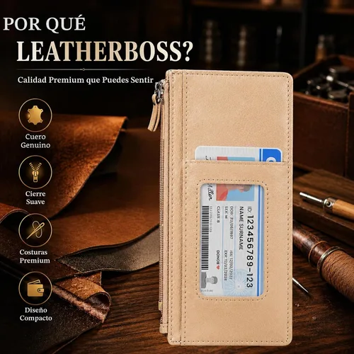 Vista 4 de Leatherboss - Funda para tarjetas todo en uno, cartera delgada con correa de protección para tarjetas, Beige, Cartera con tarjetero
