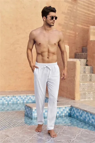 Vista 2 de Karlywindow Pantalones de lino para hombre, casuales, sueltos, ligeros, con cordón, cintura elástica, pantalones de verano para yoga y playa