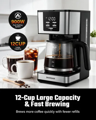 Vista 2 de SHARDOR Cafetera programable de 12 tazas, regular y audaz, pantalla LED