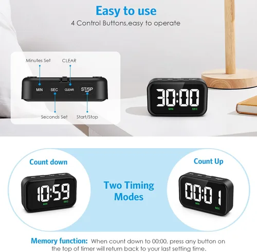 Vista 2 de Temporizador digital de cocina, temporizador digital con pantalla LED grande, temporizador magnético para el aula con cuenta regresiva, 3 niveles