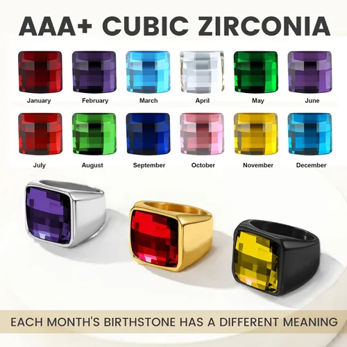 Vista 6 de Anillos cuadrados de sello de piedras preciosas para hombres, anillo de meñique personalizado de acero inoxidable con piedra natal de topacio azul