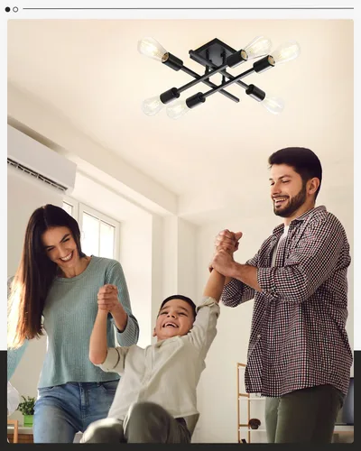Vista 7 de Lámpara de techo semiempotrada de 6 luces, moderna lámpara Sputnik negra, lámpara de techo de granja E26, lámpara de techo para cocina, dormitorio