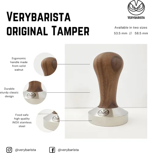 Vista 5 de Tamper de 2.100 in diseñado para adaptarse a cestas de precisión IMS de 2.126 in. Mango de madera y base de acero inoxidable apta para alimentos.