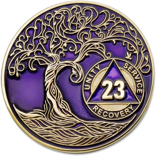 Vista 44 de 1 año Sobriety Mint Twisted Tree of Life Medallón de recuperación AA chapado en oro, chip/ficha - negro