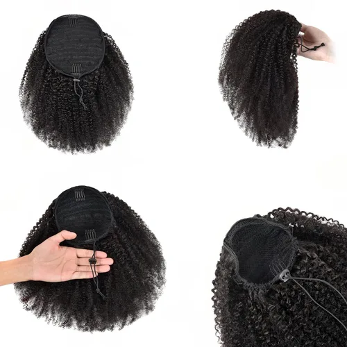 Vista 10 de Cola de caballo de cabello humano afro para mujeres negras, con cordón, 150 % de densidad, cabello virgen rizado 10A, extensiones de cabello 4C
