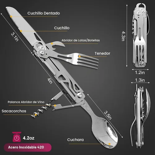 Vista 2 de Juego de utensilios de camping 6 en 1 con estuche plegable tenedor