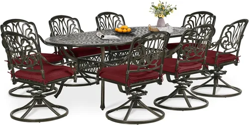 Vista 16 de Juego de comedor de patio de 9 piezas, mesa y sillas de patio al aire libre, mesa de comedor ovalada de aluminio fundido de 84 pulgadas con agujero