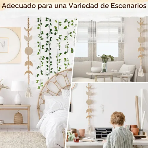 Vista 6 de Colgante de pared de fase lunar de madera, decoración de dormitorio celestial estética bohemia para el hogar (beige)