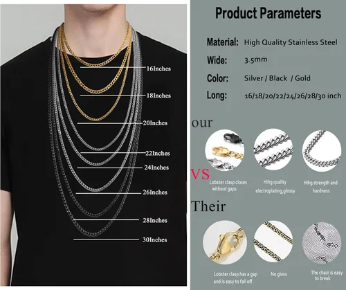 Vista 3 de Jstyle Collar de cadena de eslabones de acero inoxidable para hombres y mujeres, 3 piezas de 964 de pulgada (3.5 mm)