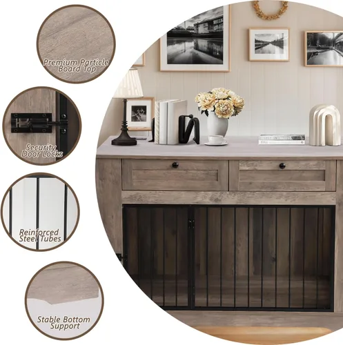 Vista 2 de Muebles de Jaula Grande para Perros - Jaula Decorativa Resistente para Perros de Interiores, Mesa Auxiliar de Jaula de Perro de Madera con Estación