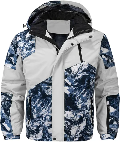 Vista 8 de FTIMILD Chaqueta de esquí impermeable para hombre de invierno, forro polar de alta visibilidad con capucha acolchada y diseño de patchwork