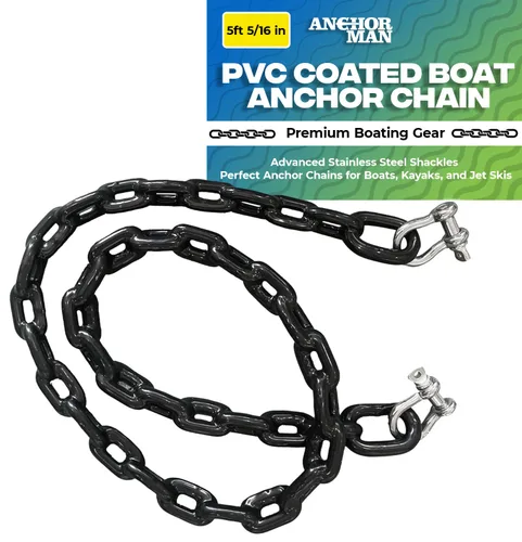 Vista 8 de Anchor-Man - Cadena de anclaje para barco recubierta de PVC, cadena de ancla marina negra con grilletes de acero inoxidable para barcos, kayaks