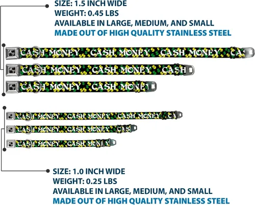 Vista 3 de Buckle-Down Collar de perro hebilla de cinturón de seguridad en efectivo dólar negro blanco amarillo verde, multicolor, 1.5 pulgadas de ancho - Se