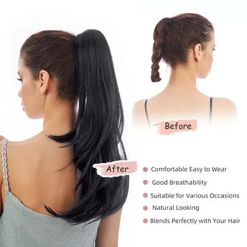 Vista 6 de Extensión de Cola de Caballo, Extensión de Cabello con Garra Larga de 20", Piezas de Cabello Sintético Ondulado Liso con Clip en Peluca de Cola