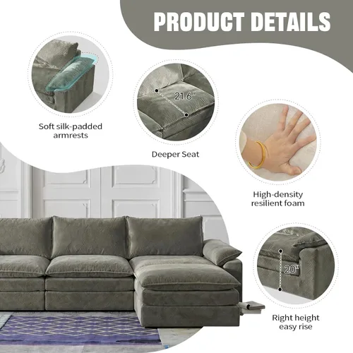 Vista 4 de Sofá modular en forma de nube de 118 pulgadas, con otomana móvil, sofá de asiento profundo de felpilla para sala de estar, sin montaje, gris
