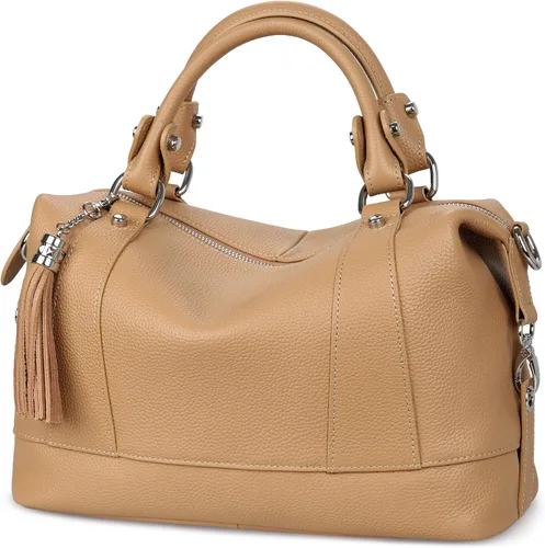 Vista 17 de Heshe Bolsos de hombro de cuero genuino para mujer, bolsos satchel, bolsos bandolera de cuero real para damas Beige