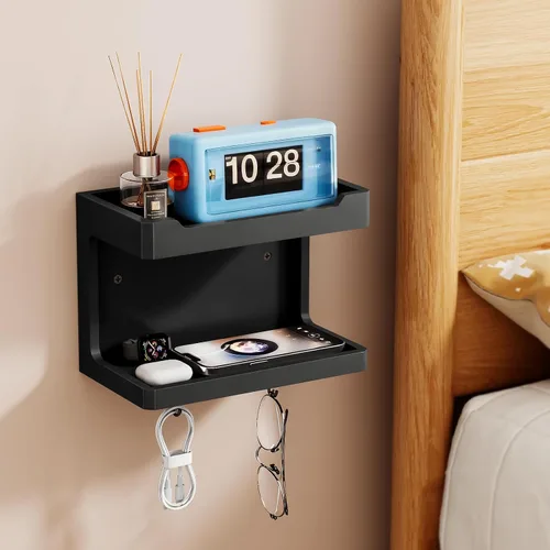 Vista 2 de NiHome Organizador Grande de Mesita de Noche de Madera para Montar en la Pared, Estantes de Almacenamiento Dobles y Ganchos Magnéticos, Estante