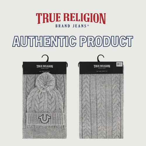Vista 6 de True Religion womens Beanie Hat and Scarf Set, Winter Cuffed Knit Cap With Lurex Cable Pom and Scarf