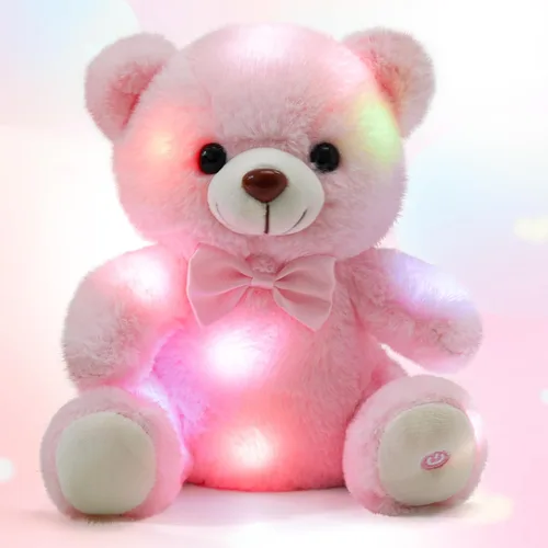 Vista 12 de BSTAOFY Oso de peluche con luz marrón, oso de peluche brillante, juguete de peluche suave para niñas y niños, regalos de cumpleaños, 8 pulgadas