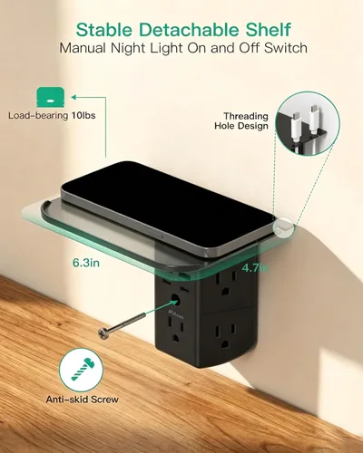 Vista 4 de Extensor de toma de pared con estante y luz nocturna, protector de sobretensiones, cargador de pared USB con 5 salidas de CA y 3 puertos USB A, 1