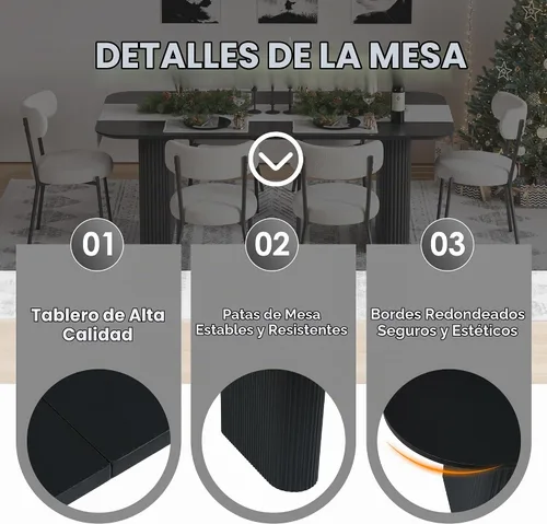 Vista 5 de Juego de mesa de comedor ovalada negra moderna de 70.9 pulgadas para 4, mesa de cocina rectangular estilo crema con sillas negras Boucle, juego