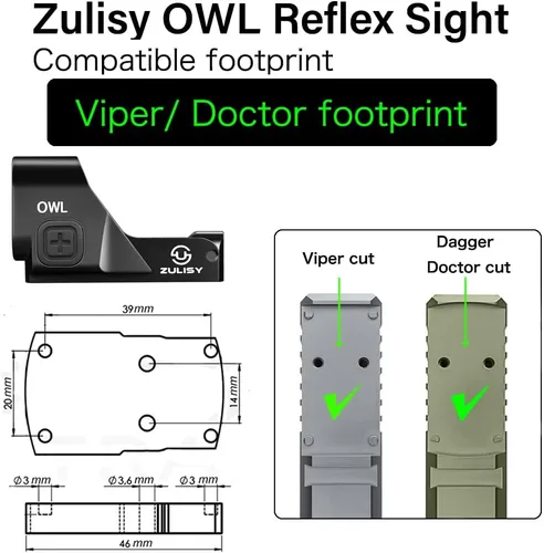 Vista 5 de Zulisy OWL 3 MOA - Mira refleja de punto verde de tamaño completo, para Doctor/Venom Footprint, adaptador óptico listo para cortar pistola, Shake