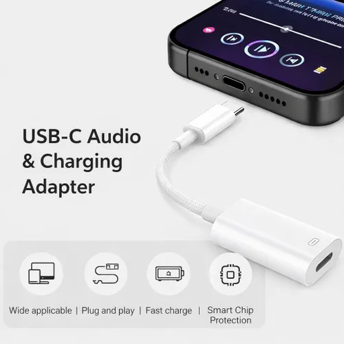 Vista 2 de Adaptador de audio de auriculares USB-C a iPhone, iPad, convertidor de auriculares 3 en 1, carga + transferencia de datos + audio de alta fidelidad