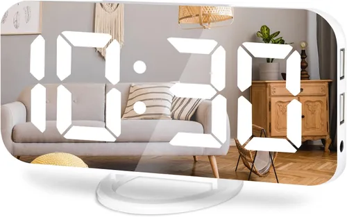 Vista 9 de Reloj despertador digital Lamisola, gran pantalla LED con espejo, 2 puertos de carga USB, brillo ajustable automáticamente, relojes modernos