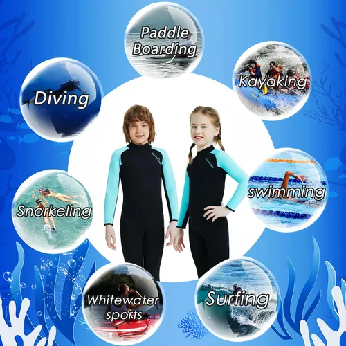 Vista 5 de OMGear Traje de neopreno corto de neopreno de una pieza para niños, de 0.18 pulgadas, 0.118 pulgadas, manga corta, con cremallera trasera, traje