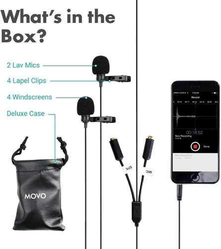 Vista 2 de Movo Lavalier Profesional Lapel Clip-on Entrevista Podcast Micrófono con Micrófono Secundario y Entrada de Monitoreo de Auriculares para iPhone